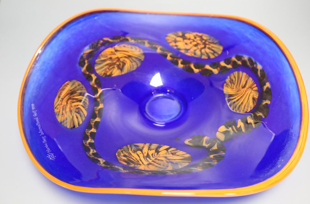 A free blown coloured glass dish, signed R. Weninger, 99, for Norske Skog International Golf, diameter 37cm